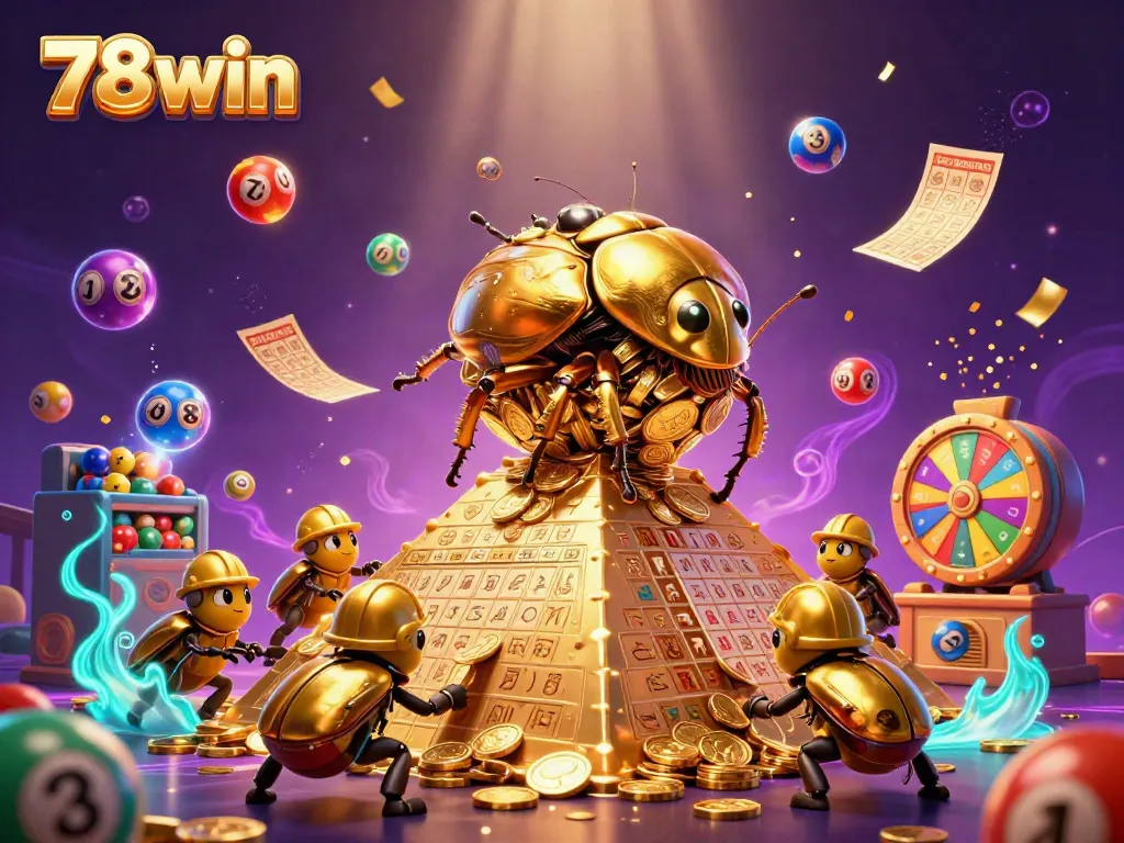 Experience the thrill of 78win with a golden beetle rolling coins amidst lottery excitement in a vibrant casino scene.