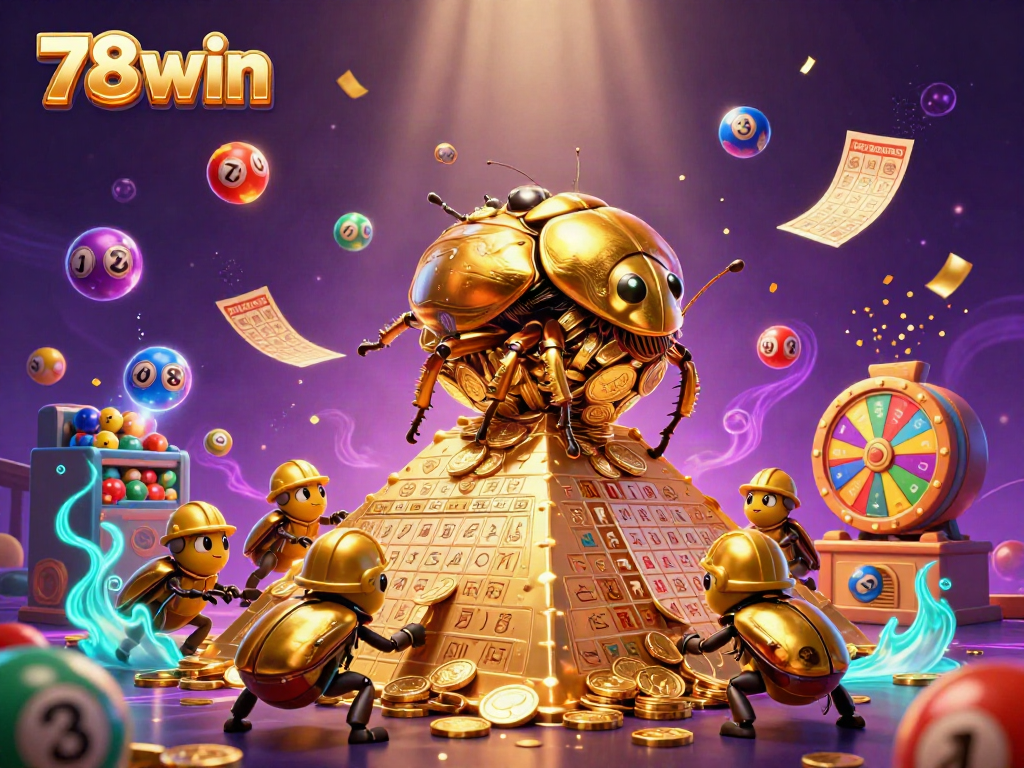 Experience the thrill of 78win with a golden beetle rolling coins amidst lottery excitement in a vibrant casino scene.