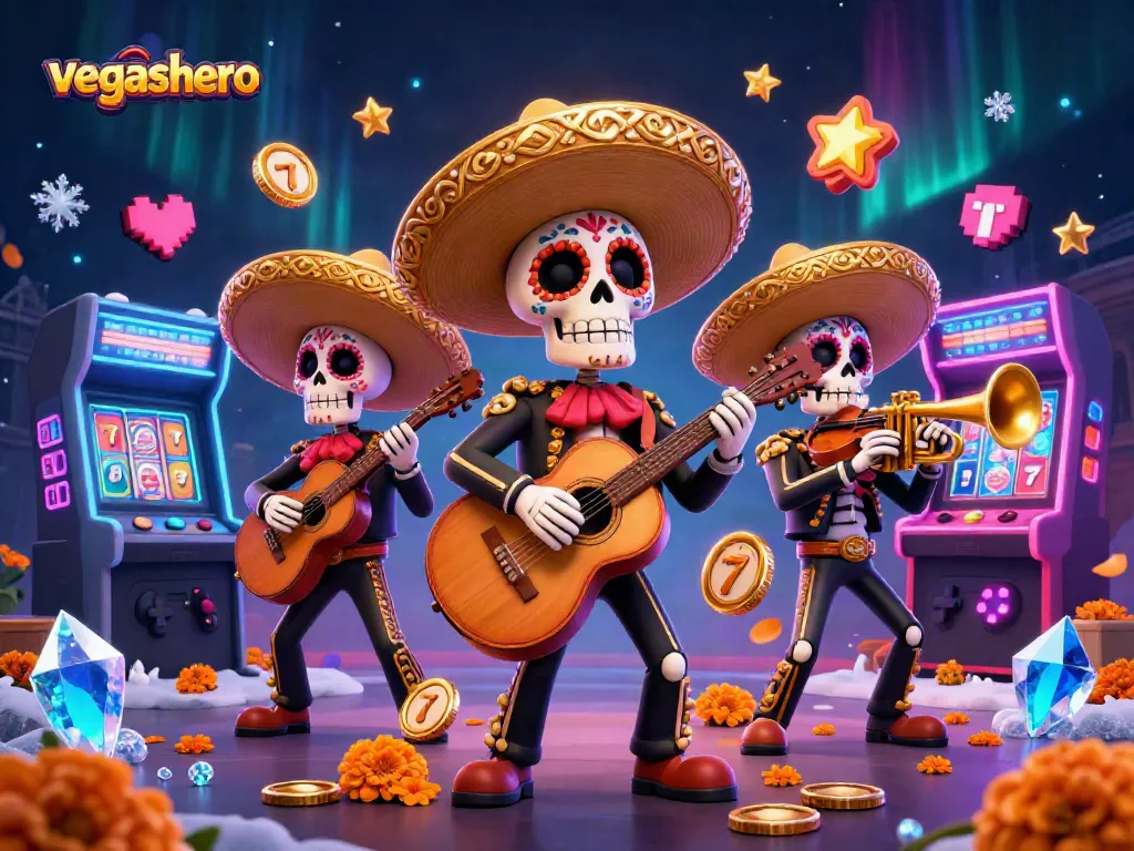 Experience the thrilling atmosphere at VegasHero casino with vibrant skeleton mariachi band and gaming elements.