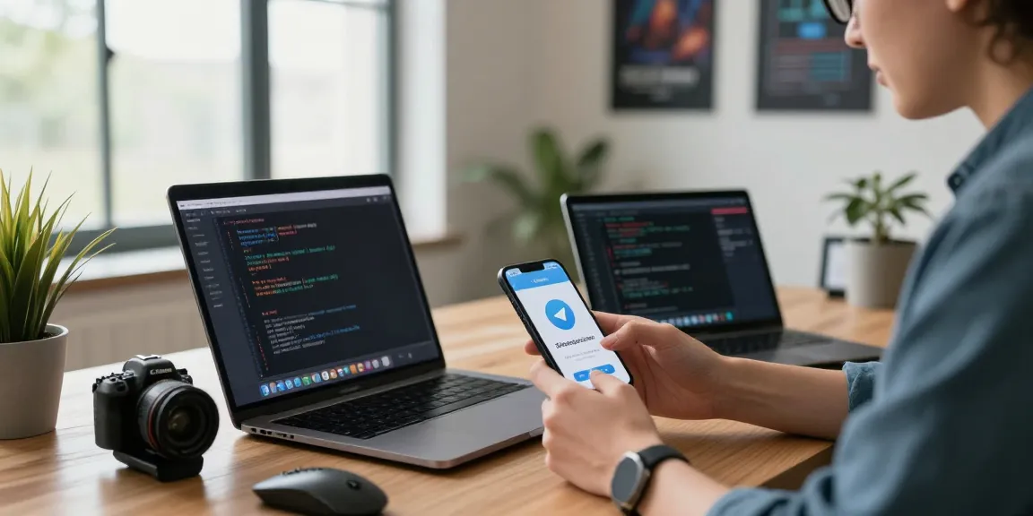Download Telegram app on multiple devices in a modern tech workspace, showcasing a productive atmosphere.
