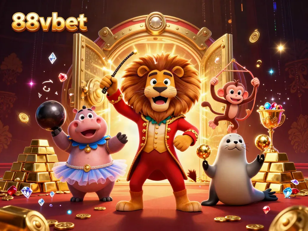 Experience the excitement of 88vbet with a vibrant 3D circus scene featuring casino characters and wealth.