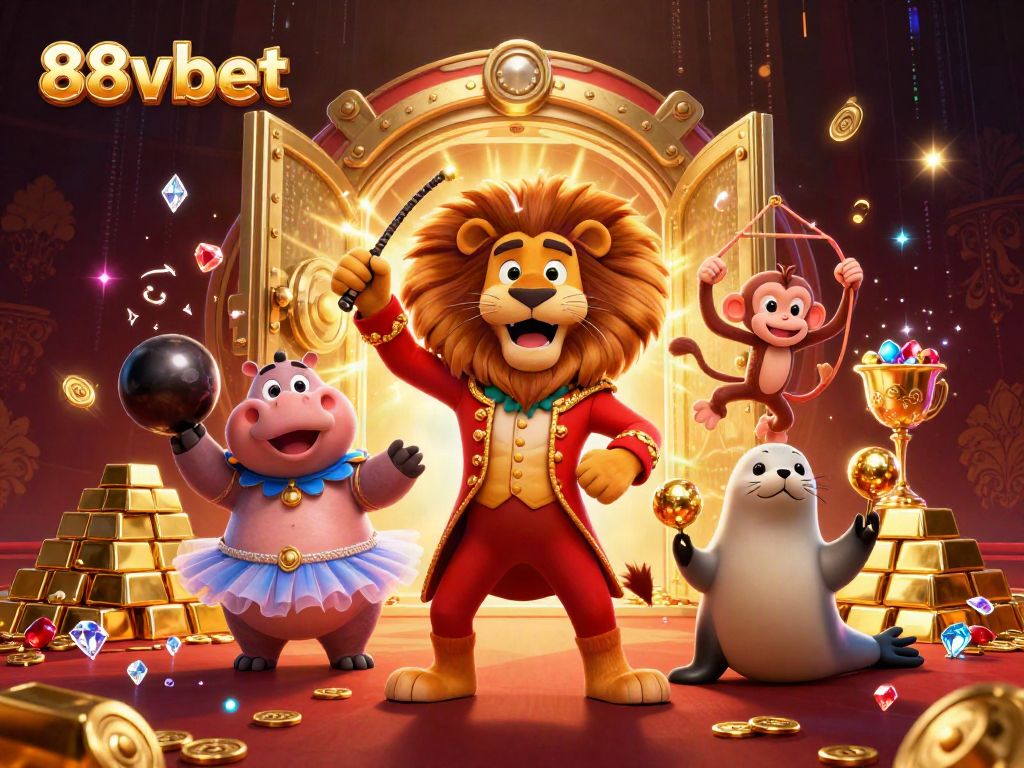 Experience the excitement of 88vbet with a vibrant 3D circus scene featuring casino characters and wealth.