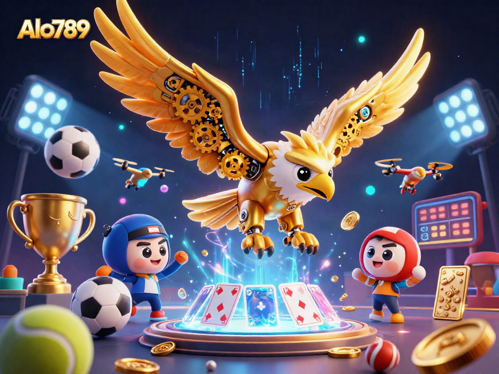 Alo789 engages players with a vibrant 3D casino scene filled with holographic cards and dynamic sports betting elements.