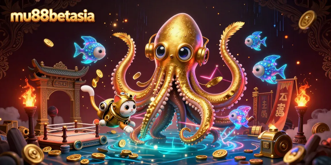 Experience the thrill of mu88betasia with a kraken and diving cat amid rich casino elements.