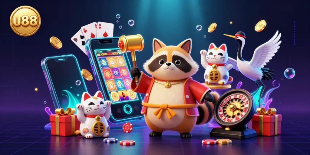 Spin slot games with u88 in a vibrant 3D scene featuring a cheerful tanuki and lucky symbols.
