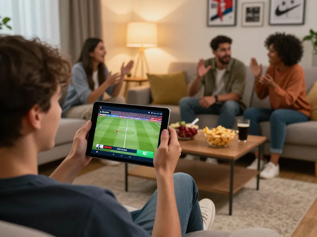 Socolive trực tiếp bóng đá experience with friends enjoying a live match streaming on a tablet, engaging in conversation.