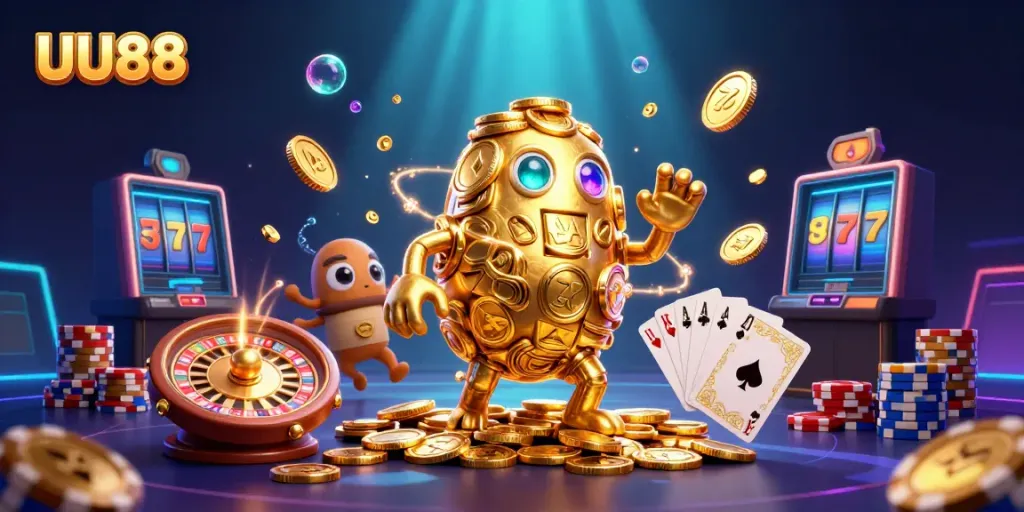 Experience winning with UU88 in this vibrant casino scene filled with gold coins and game elements.