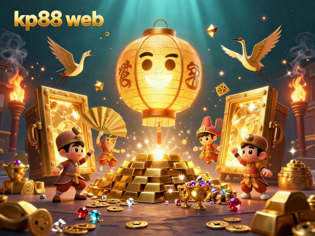 Engage with kp88 web's vibrant 3D casino scene featuring a lantern spirit and treasures.