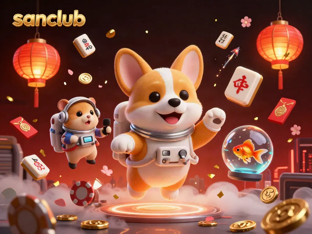 Watch the 3D cartoon astronaut corgi float in the vibrant sanclub casino space scene filled with gaming elements.