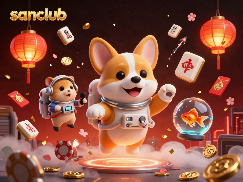 Watch the 3D cartoon astronaut corgi float in the vibrant sanclub casino space scene filled with gaming elements.