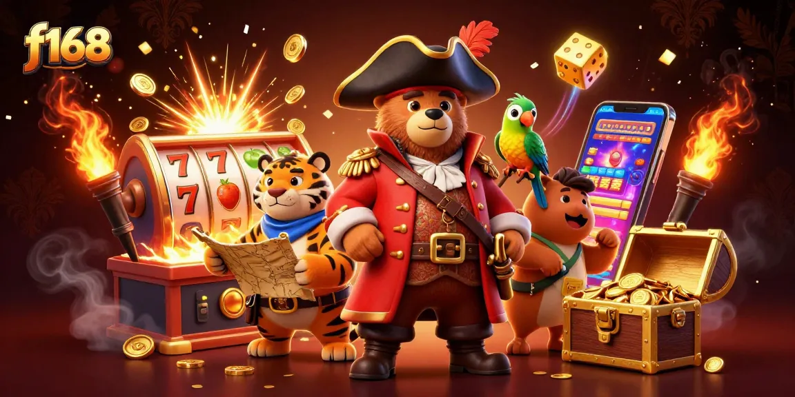 Experience the excitement of f168 with a vibrant casino scene featuring a pirate bear and friends.