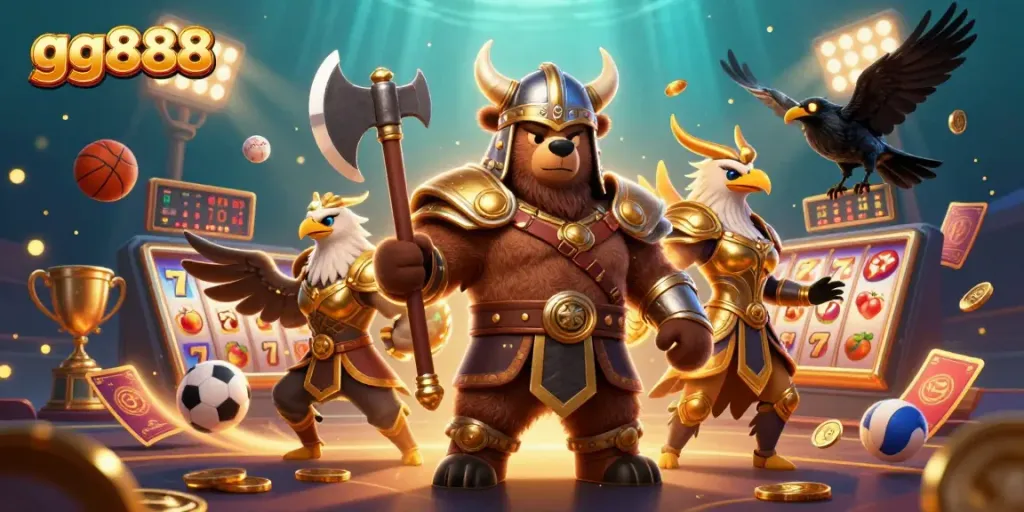 Engage with gg888 through this vibrant casino scene showcasing Viking and Valkyrie characters amidst exciting gambling elements.