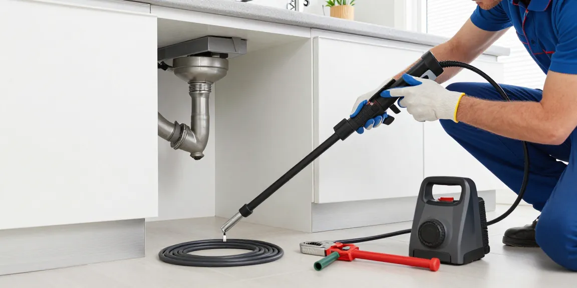 Professionele ontstoppingsdienst aan het werk bij verstopte afvoer in keuken met hogedrukreiniging.