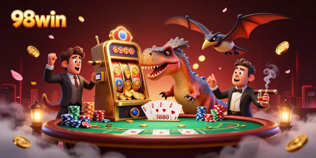 Catch flying coins at 98win's vibrant casino scene with dinosaurs and slot machines.
