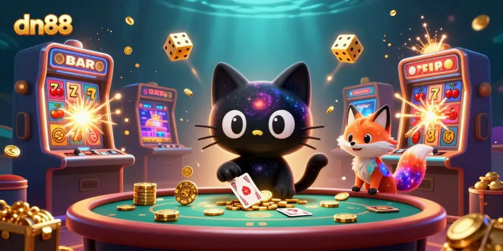Experience the thrill of gaming at dn88 with a cosmic casino scene featuring a black hole cat and a nebula fox.