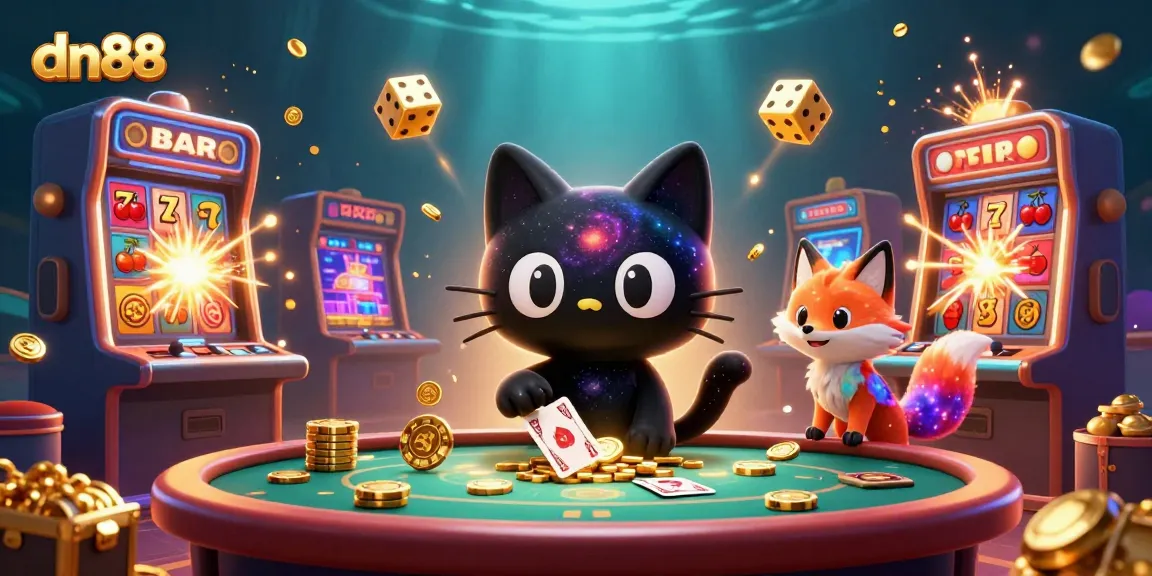 Experience the thrill of gaming at dn88 with a cosmic casino scene featuring a black hole cat and a nebula fox.
