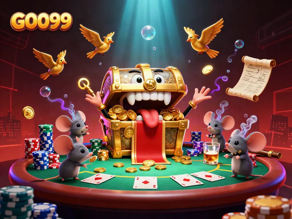 Game passionately at GOO99, featuring a treasure chest and vibrant poker scene.
