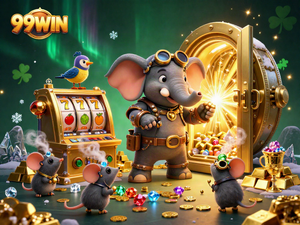 Engage with the vibrant world of 99WIN featuring a steampunk elephant managing a slot machine and surrounded by treasure.