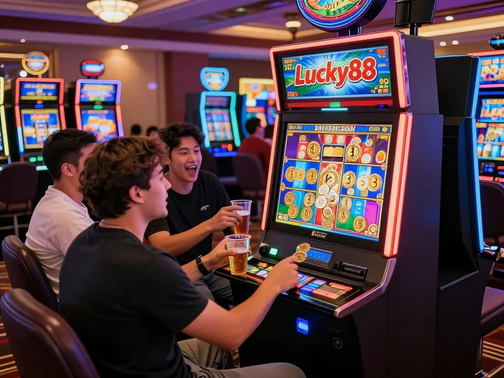 Excited players experiencing Lucky88 slot machine game in a lively casino setting with colorful lights.