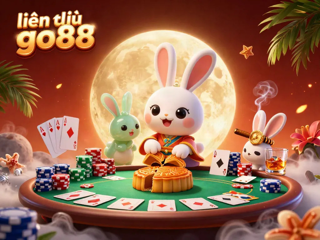 Engage in gaming excitement with liên hệ go88, featuring a 3D moon rabbit amid poker elements.