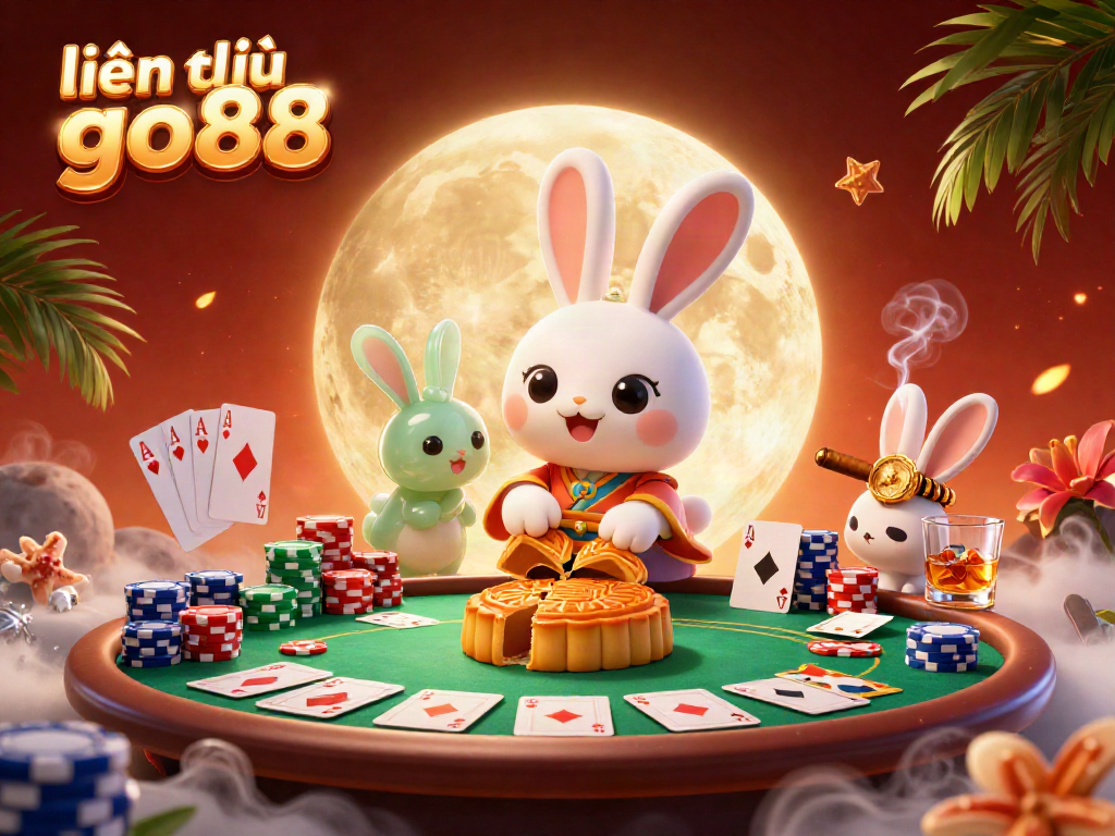 Engage in gaming excitement with liên hệ go88, featuring a 3D moon rabbit amid poker elements.