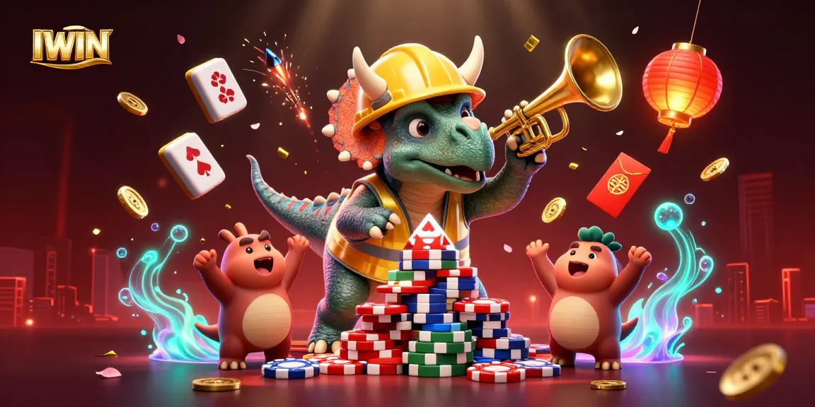 IWIN brings excitement with a triceratops and parasaurolophus celebrating at a dynamic casino scene.