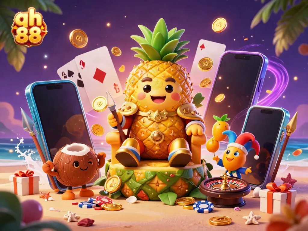 Experience the excitement of qh 88 with a vibrant beach casino scene featuring a golden pineapple king and dynamic gaming elements.
