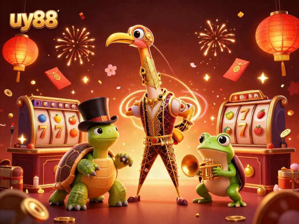 Experience the thrill of uy88 with vibrant casino characters, decorated with festive elements in a dynamic illustration.