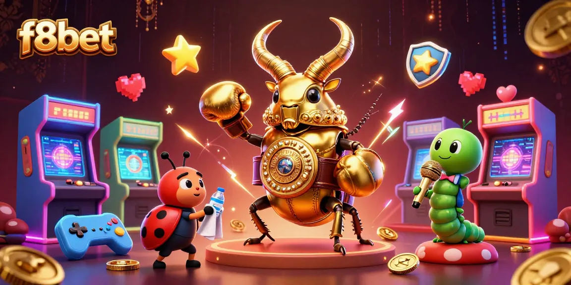 Engage with the vibrant f8bet casino scene featuring a boxing beetle and gaming excitement.