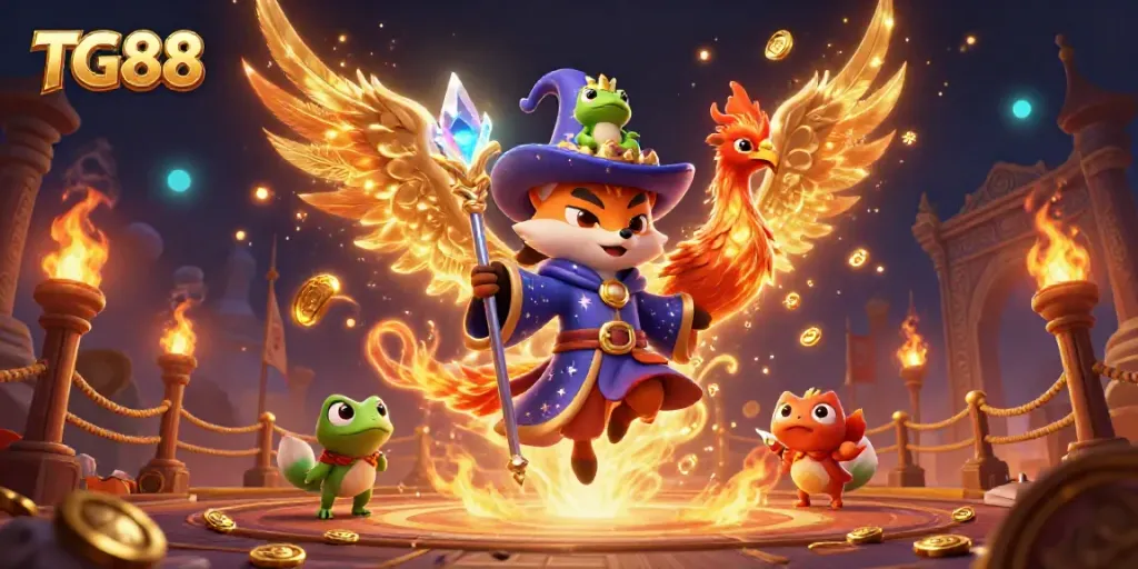Experience thrilling betting action with TG88, featuring a wizard fox and phoenix in a vibrant casino setting.