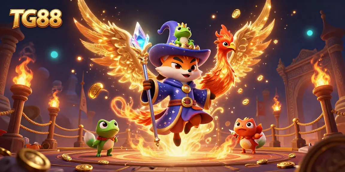 Experience thrilling betting action with TG88, featuring a wizard fox and phoenix in a vibrant casino setting.