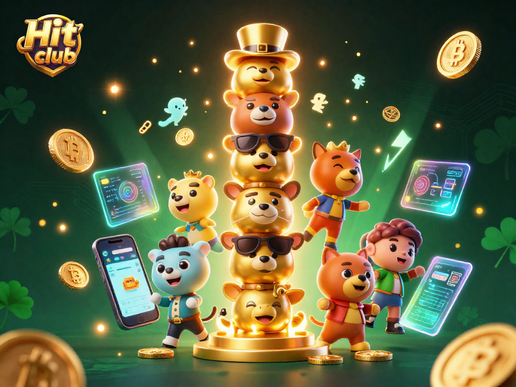 Hit club engages in thrilling gaming with vibrant 3D characters and animated crypto elements.