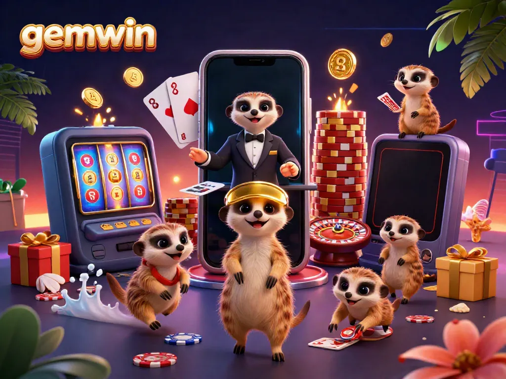 Experience the vibrant casino world of gemwin with playful meerkats managing a bustling game operation.