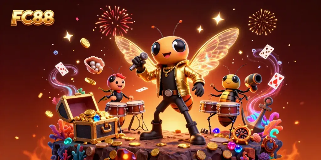 Experience the exciting world of FC88 with rock star characters surrounded by colorful casino elements.