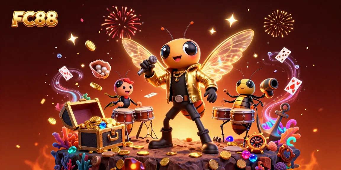 Experience the exciting world of FC88 with rock star characters surrounded by colorful casino elements.