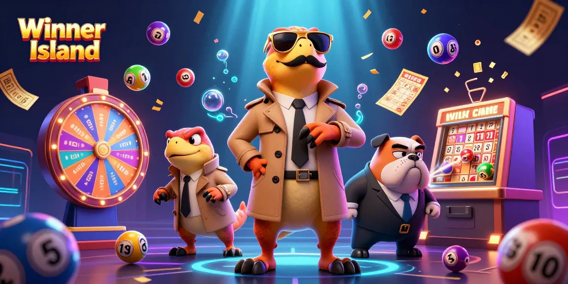 Experience the thrill at Winner Island as raptors in a trench coat try to enter a VIP lounge, surrounded by spinning casino elements.