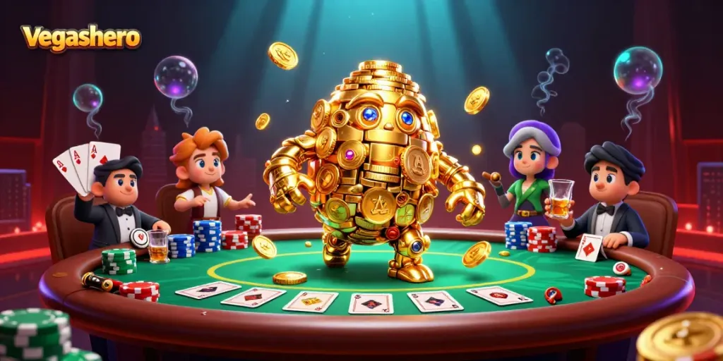 Experience exciting gameplay at vegashero casino with golden golem, poker elements, and vibrant visuals.