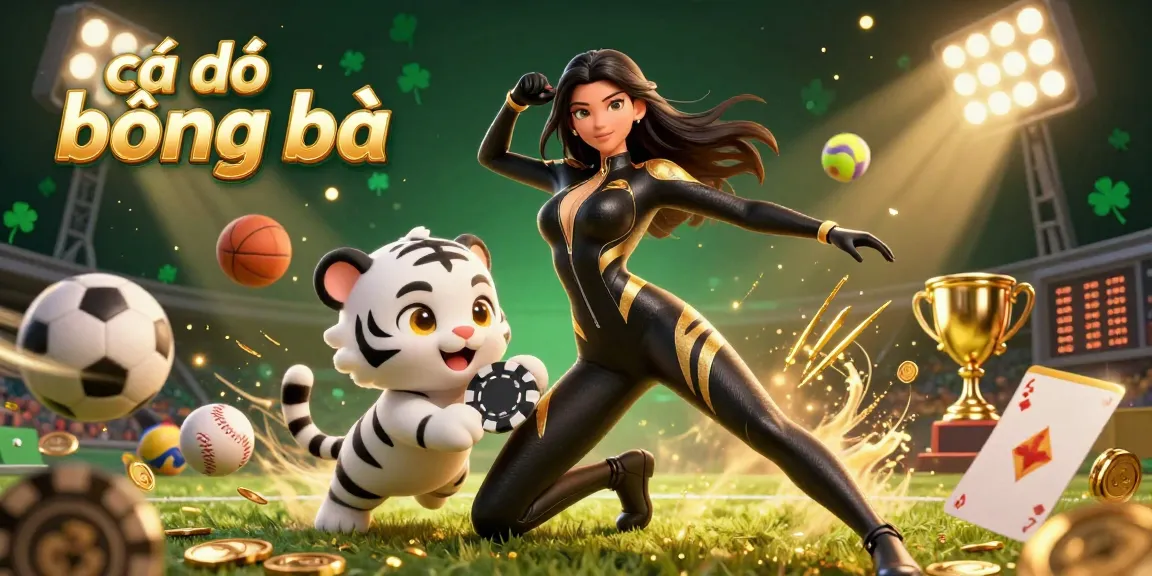 Cá độ bóng đá illustrated with a dynamic scene featuring a woman in a black catsuit and a baby white tiger playing.