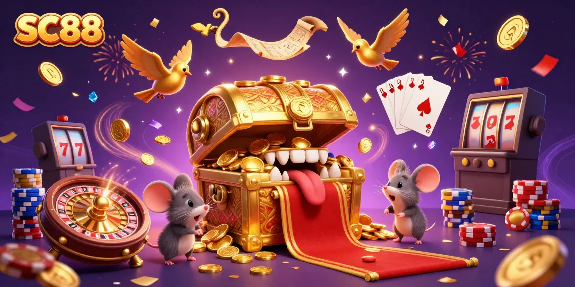 SC88's vibrant treasure chest scene attracts adventurer mice with golden riches and casino elements.