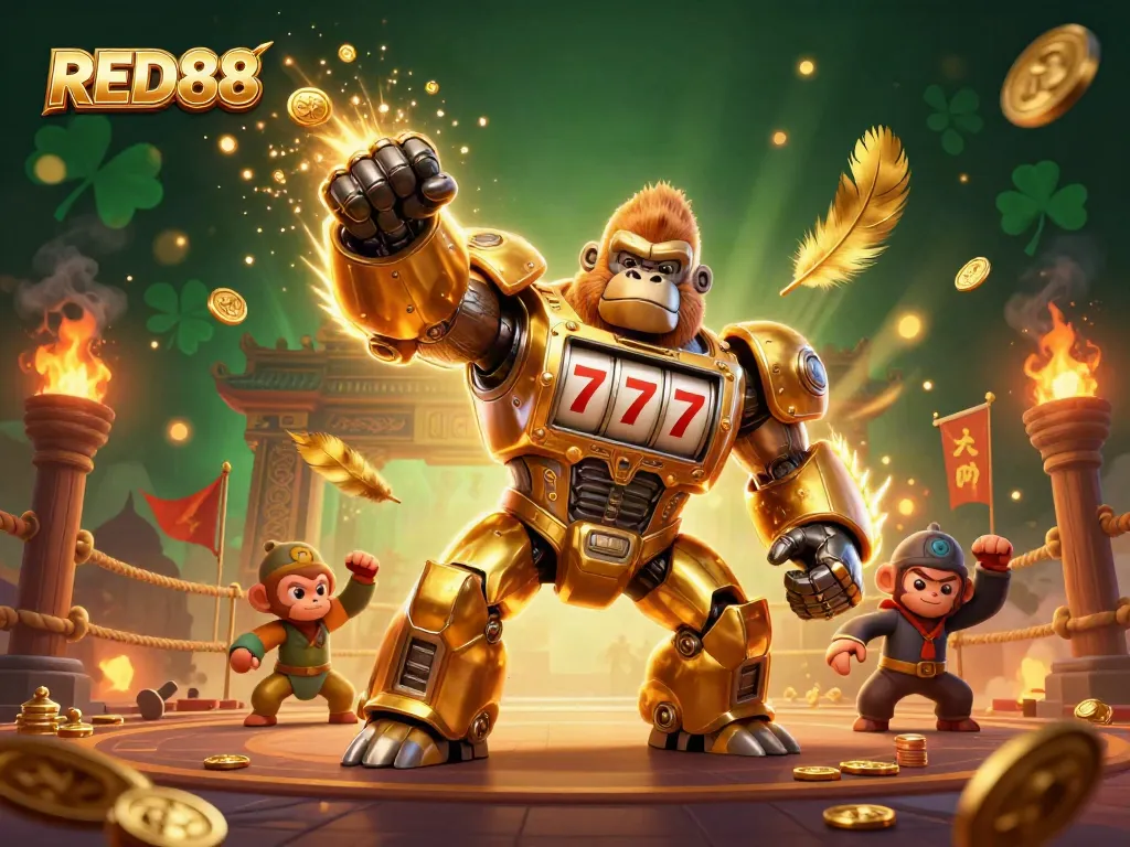 Engage in dynamic gameplay with RED88's golden gorilla mech amidst a colorful casino scene filled with winning elements.