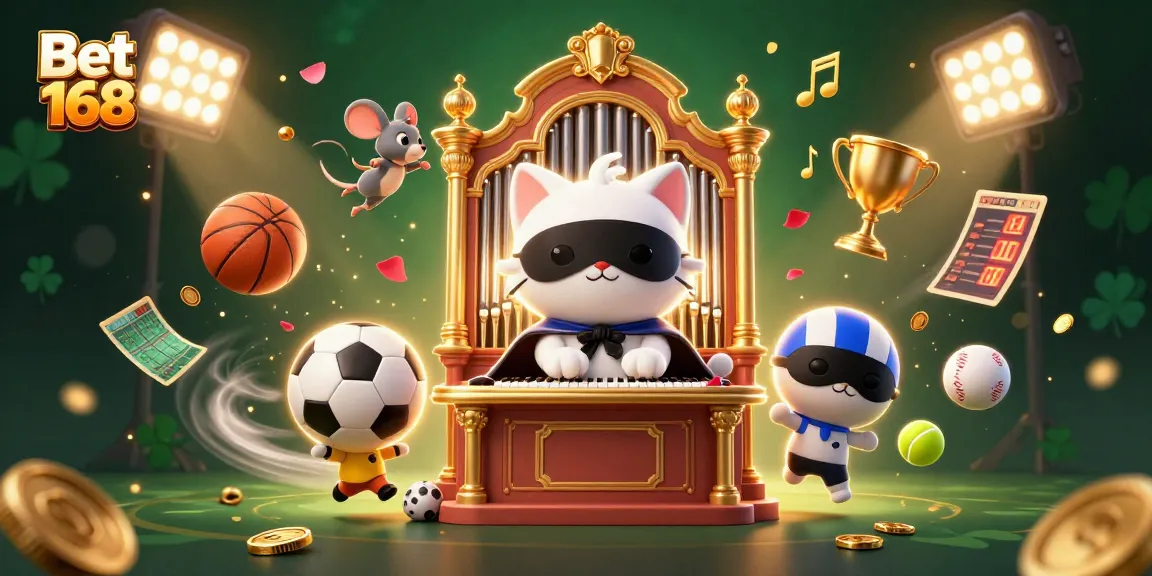 Bet 168 showcases a vibrant 3D casino scene with a masked cat, mouse acrobat, and dynamic sports elements.