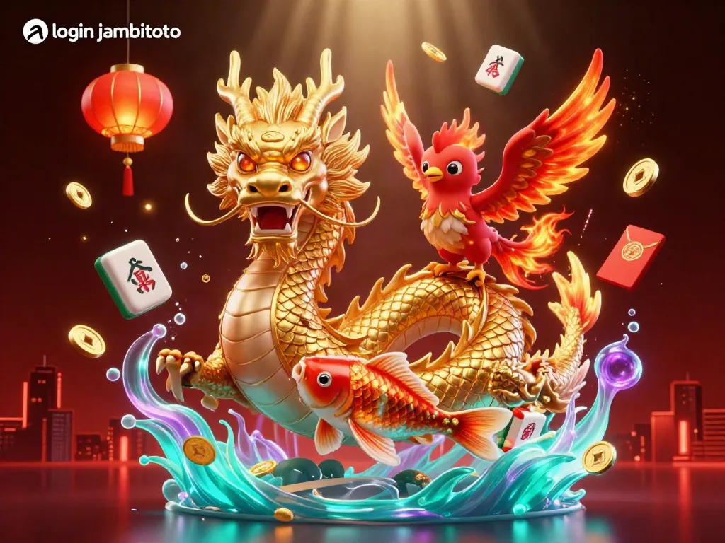 Engage with thrilling gaming action at login jambitoto featuring a dynamic interplay of a golden dragon, phoenix, and koi fish.
