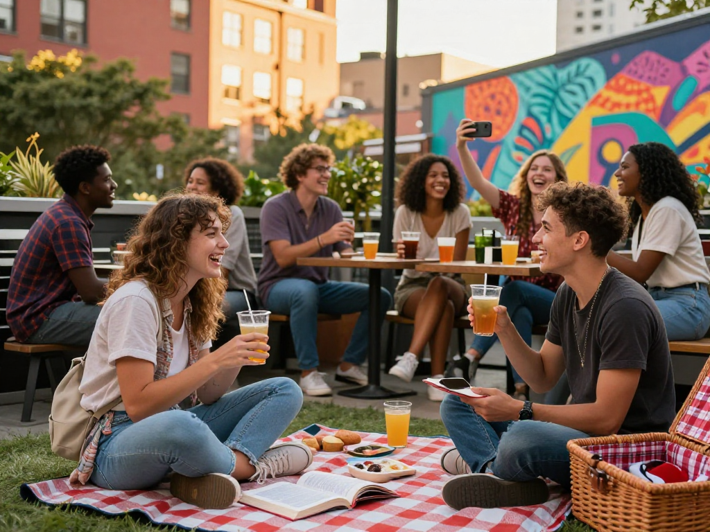 Social connections at f168.dating's vibrant urban café, lively atmosphere with young adults enjoying drinks.