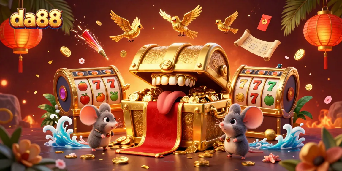 Experience excitement at da88 with dynamic slot reels and vibrant casino elements in this illustration.