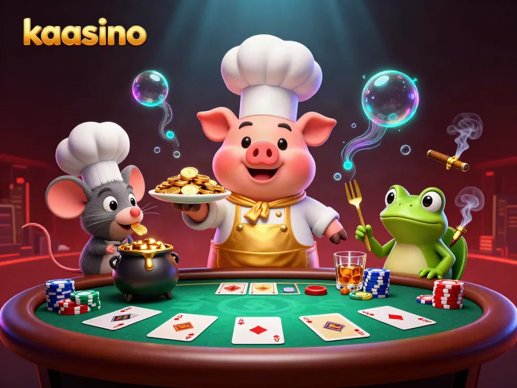 Kaasino features a whimsical chef pig serving gold coins with vibrant casino elements in a rich 3D illustration.