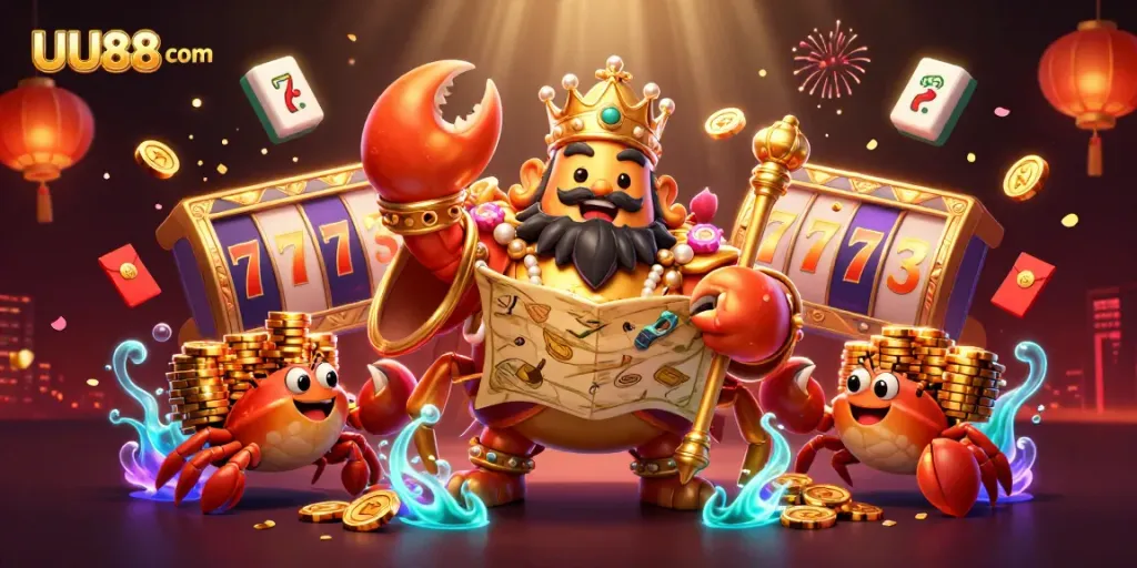 Experience the excitement of UU88 com with a dynamic illustration of a majestic golden crab emperor in an enchanting casino world.