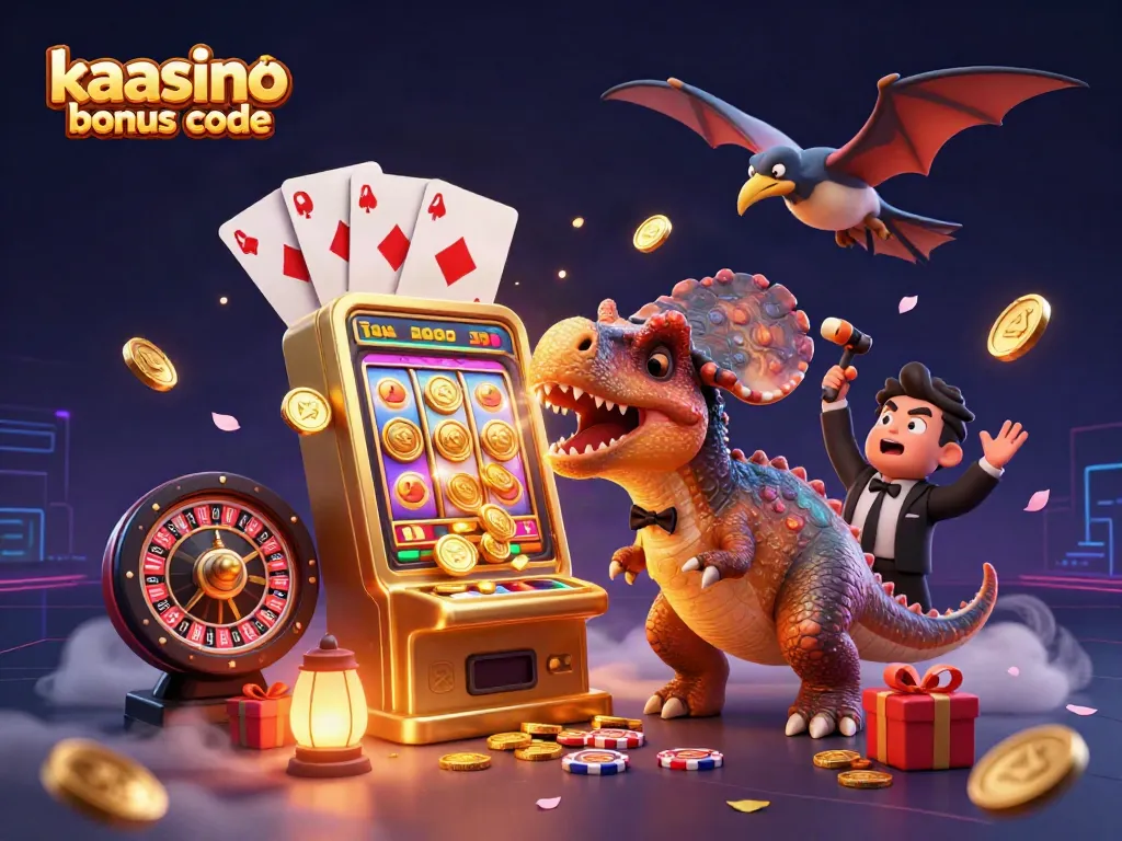 Kaasino bonus code sparks excitement as a pachycephalosaurus celebrates a slot jackpot amidst swirling coins.