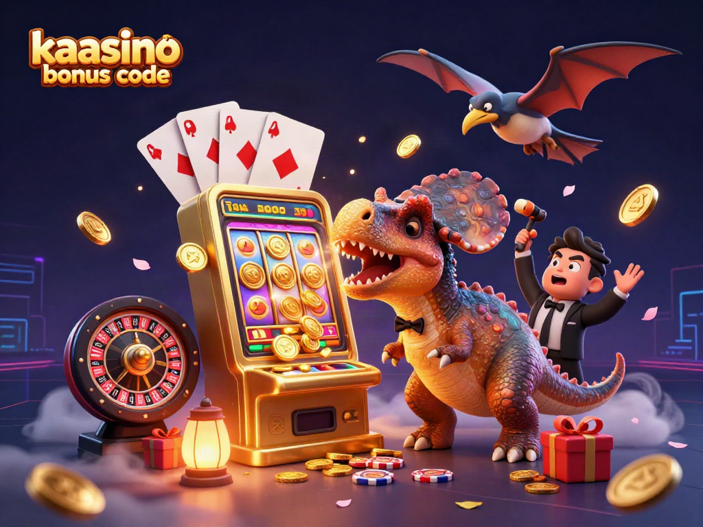 Kaasino bonus code sparks excitement as a pachycephalosaurus celebrates a slot jackpot amidst swirling coins.
