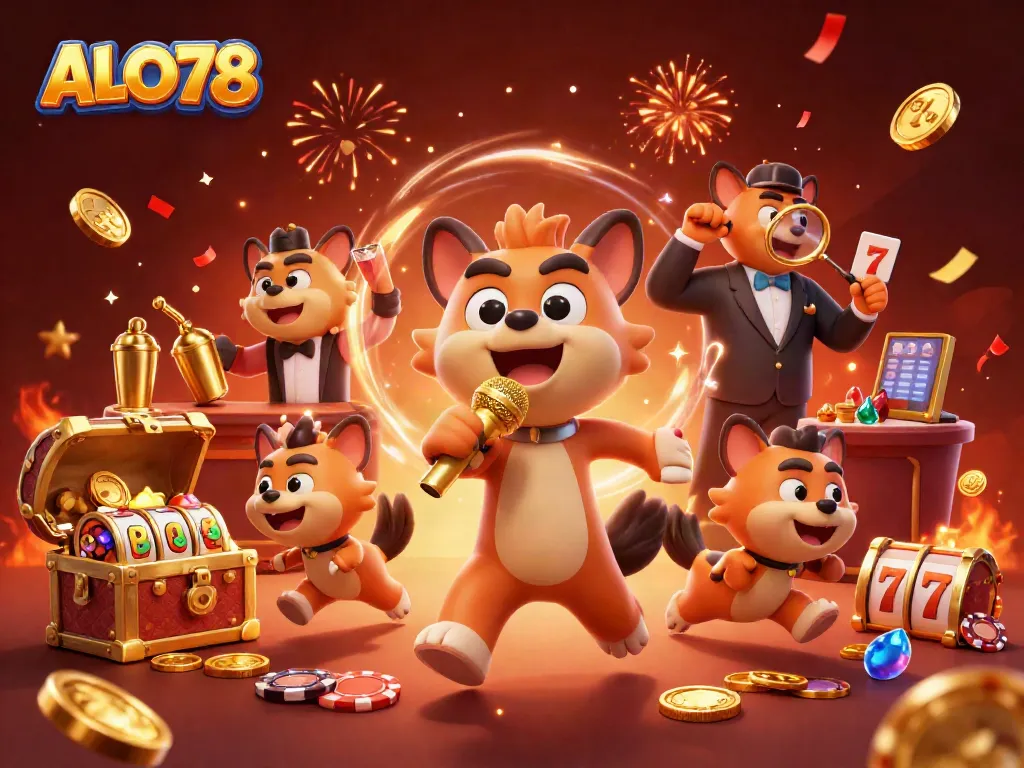 Hyenas entertain in a vibrant casino scene, showcasing the excitement of ALO78 gaming.