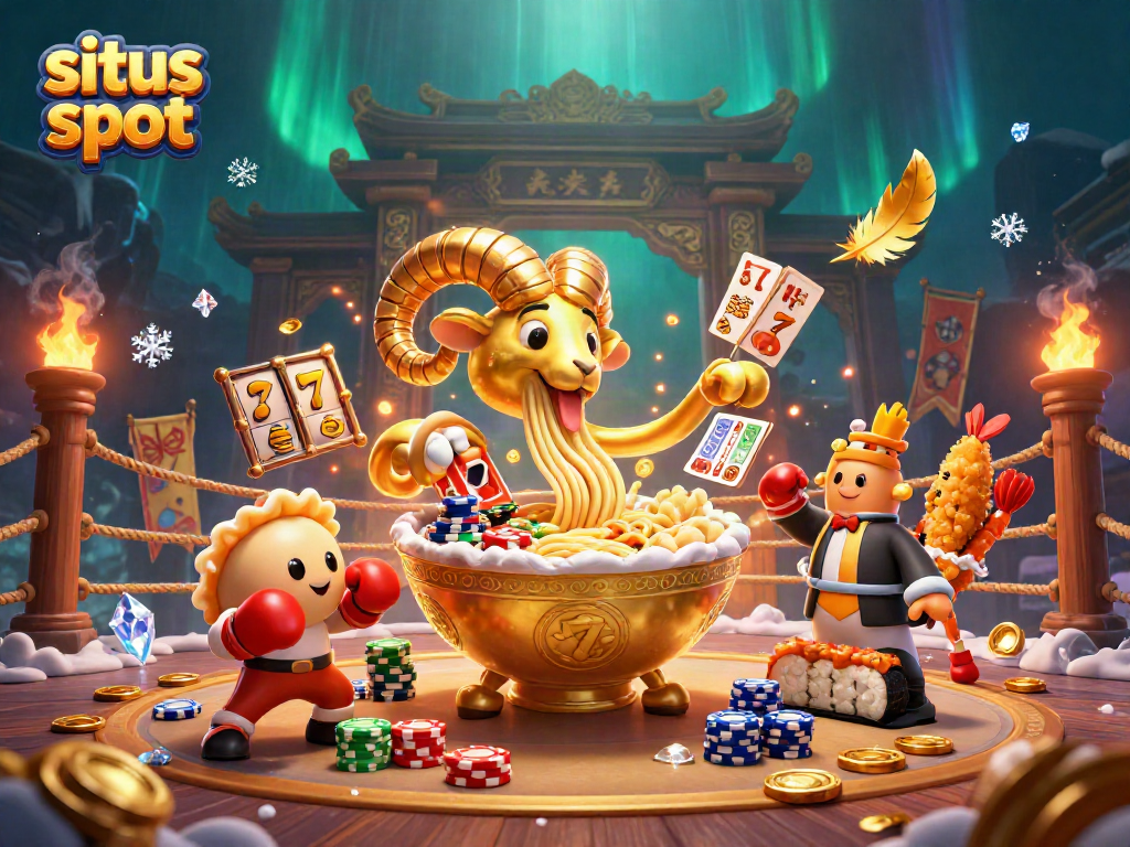 Engage with exciting situs slot adventures as a giant ramen bowl and friends deal cards and chips.